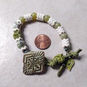 Owl Bracelet! Easy Close Button Closure! 3 Wise Owls! Fire Agates + Stone Beads